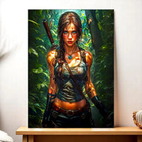 tableau Lara Croft dessin main sur toile Les Bois dAurore femme aventuriere dans la jungle tenue tactique