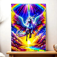 tableau licorne arc en ciel vibrant de couleurs pégase ailé lumineux sur fond céleste et reflet doré