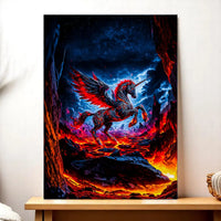 tableau licorne fantasy Les Bois d Aurore peinture licorne ailée rouge sur paysage de lave et ciel étoilé