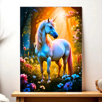 tableau licorne fantasy Les Bois d'Aurore représentant une licorne blanche dans une clairière lumineuse et fleurie