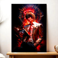 tableau Light Yagami illustration anime en costume sombre tenant le Death Note halo rouge et arrière plan en feu
