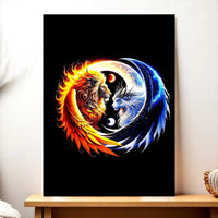 tableau lion et lionne yin yang feu et glace illustration circulaire colorée sur fond noir