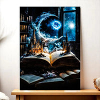 tableau livre magique representant un livre ouvert d ou emergent des chateaux feeriques sous une lune bleue et un ciel etoile