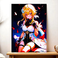 tableau manga lumineux Les Bois d'Aurore représentant une héroïne manga blonde en robe blanche sur fond noir avec pétales