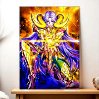 tableau manga Bélier Les Bois d Aurore poster personnage en armure doree cheveux violets energie cosmique