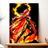 tableau manga femme guerrière peinture murale avec guerriere aux cheveux rouges epee et flammes