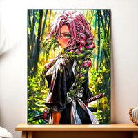 tableau Mitsuri Kanroji depiction sur toile de la guerriere aux tresses roses et vertes en foret