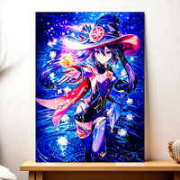 tableau manga sorcière illustration colorée d une sorcière en chapeau étoilé sur fond cosmique brillant