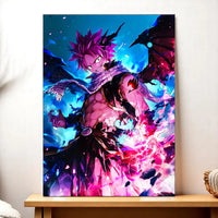 tableau manga Natsu Les Bois dAurore illustration vibrante de Natsu en pose de combat avec flammes roses et energie bleue