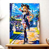 tableau manga sorcière Les Bois dAurore montrant une sorcière manga blonde dans une rue de village en paysage lumineux