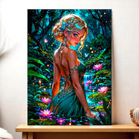 tableau nymphe fantaisie nymphe blonde au dos nu dans un étang enchanté avec nénuphars et lucioles