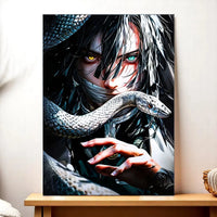 tableau Obanai Iguro manga portrait sombre avec serpent blanc enroulé et yeux hétérochromes