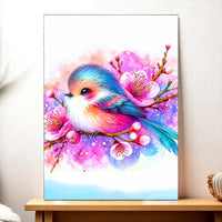 tableau oiseau dessin colore avec oiseau bleu rose sur branche fleurie peinture decorative Les Bois d Aurore