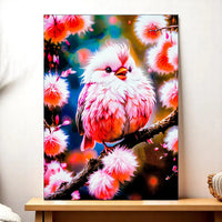 tableau oiseau rose Les Bois d'Aurore peinture murale de l'oiseau duveteux sur branche fleurie