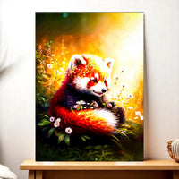 tableau panda roux Les Bois dAurore peinture decorative renard roux assis parmi fleurs et lumiere chaude