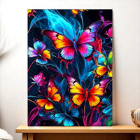 tableau papillon coloré toile murale aux papillons néon multicolores sur fond sombre