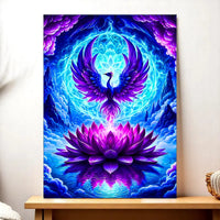 tableau phoenix lotus Les Bois d Aurore peinture murale bleu violet phoenix se leve d un lotus lumineux reflechi sur l eau
