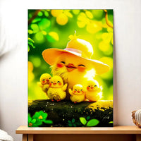 tableau poussin famille Les Bois d Aurore maman poussin au chapeau et quatre poussins joyeux sur une buche