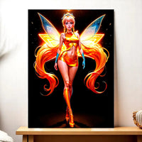 tableau Stella Winx peinture fée Stella aux longs cheveux et ailes lumineuses orange sur fond noir