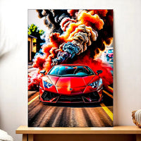 tableau voiture de sport peinture murale d'une voiture sportive rouge vue de face avec nuage de fumee colorée et effet dynamique