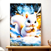tableau écureuil blanc Les Bois d Aurore illustration lumineuse d un ecureuil dans la neige pour deco murale