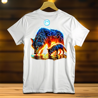 T-shirt loup lune avec un design coloré de loup et de chiot sur le dos