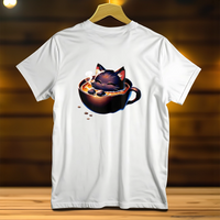 T-Shirt Chat Femme blanc avec dessin d'un chat noir adorable dans une tasse de café