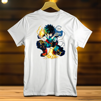 T-Shirt Deku blanc de Les Bois d'Aurore avec illustration colorée du personnage animé en action