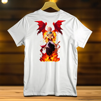 T-Shirt Natsu blanc Les Bois d'Aurore avec illustration de personnage animé enflammé au dos