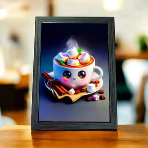 Tableau encadré avec une tasse de chocolat chaud kawaii, guimauves, cannelle.