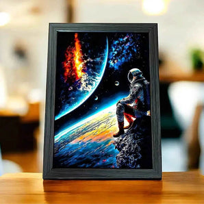 Tableau encadré : astronaute, espace, planète flamboyante, couleurs vives.
