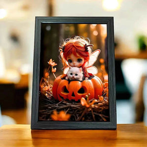 Tableau encadré : poupée rousse, chaton blanc, citrouille orange, décor automnal.
