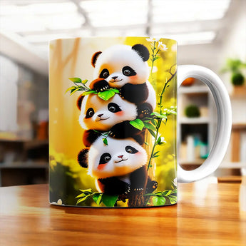 Mug avec trois petits pandas empilés sur des branches, design tendre et coloré.