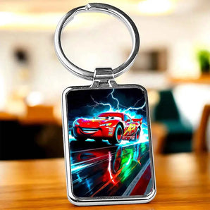 Porte-clés rectangulaire argenté avec image de Flash McQueen.
