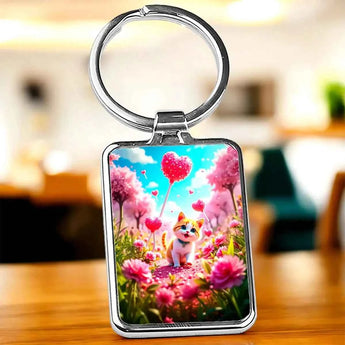 Porte-clés avec image d'un chaton dans un jardin fleuri avec des coeurs flottants.