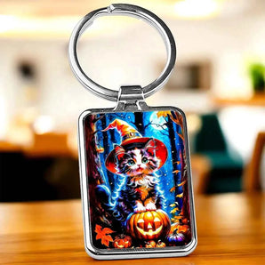 Porte-clés avec illustration d'un chat portant un chapeau de sorcière et assis sur une citrouille d'Halloween.