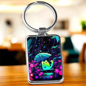 Porte-clés rectangulaire en métal argenté, illustration chat sous un parapluie coloré.