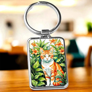 Porte-clés rectangulaire en métal argenté avec un chat roux et blanc entouré de fleurs et de verdure.
