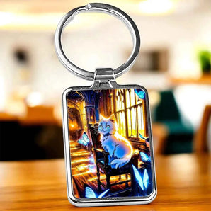 Porte-clés carré en métal avec une image d'un chat blanc assis sur une chaise dans un intérieur lumineux et des papillons bleus.
