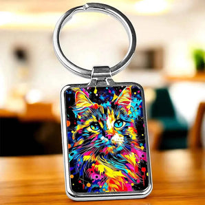 Porte-clés rectangulaire métallique avec un chat multicolore.

