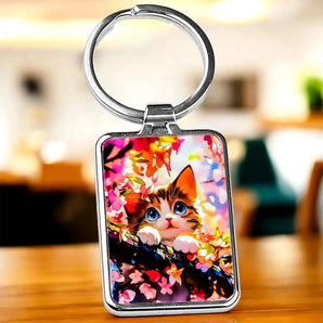 Porte-clés carré en métal argenté, image d'un chaton mignon avec des fleurs roses et oranges.
