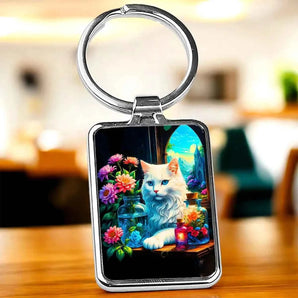 Porte-clés rectangulaire argenté avec image de chat blanc aux yeux bleus, entouré de fleurs et de flacons.