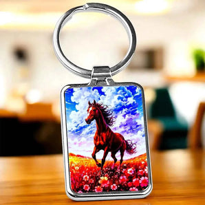 Porte-clés carré argenté avec image d'un cheval brun dans un champ de fleurs sous un ciel bleu nuageux.
