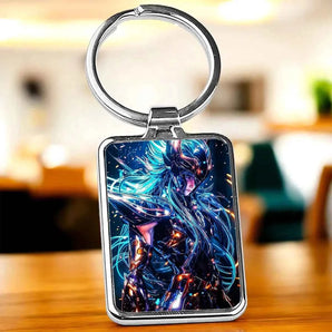 Porte-clés rectangulaire en métal argenté avec une illustration d'un personnage en armure aux cheveux bleus.
