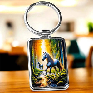 Porte-clés rectangulaire en métal argenté avec un paysage de forêt et deux chevaux.
