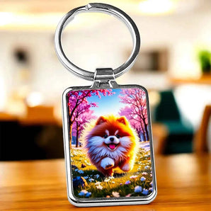 Porte-clés rectangulaire en métal argenté avec image d'un poméranien dans un jardin fleuri.
