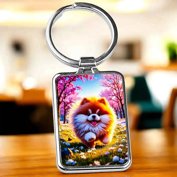 Porte-clés rectangulaire en métal argenté avec image d'un poméranien dans un jardin fleuri.
