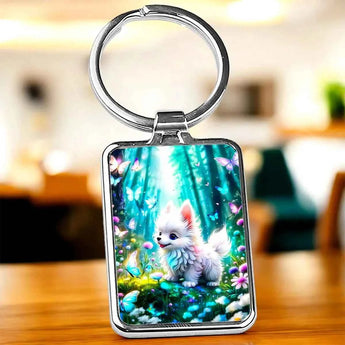 Porte-clés carré en métal avec l'image d'un chiot blanc dans un décor de forêt enchantée, entouré de papillons et de fleurs.