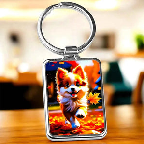 Porte-clés avec image d'un chiot mignon dans un décor automnal.
