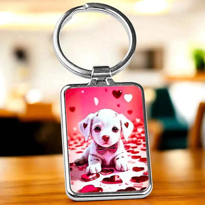 Porte-clés carré en métal argenté avec image d'un chiot blanc sur fond rose avec des cœurs.